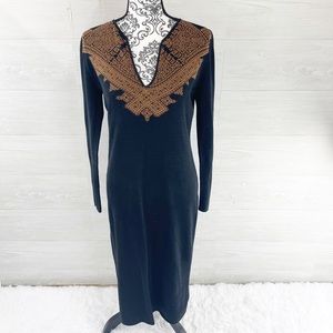 Peruvian Connection Geometric Knit V-Neck Pima Cotton Maxi Sweater Dress